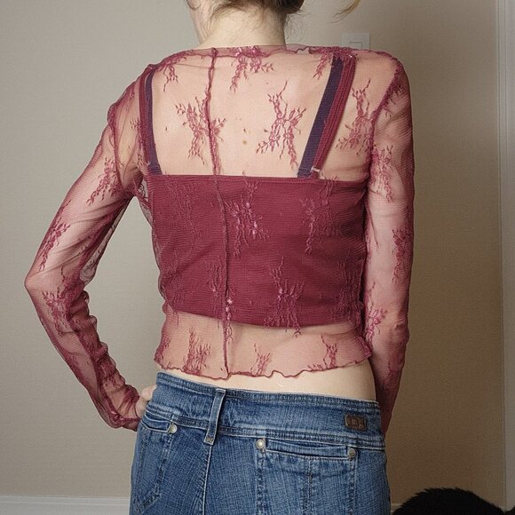 MIOU MUSE Y2K 90's Red Sheer Lace Long Sleeve Top Spaghetti Strap Camisole Small - Picture 12 of 12